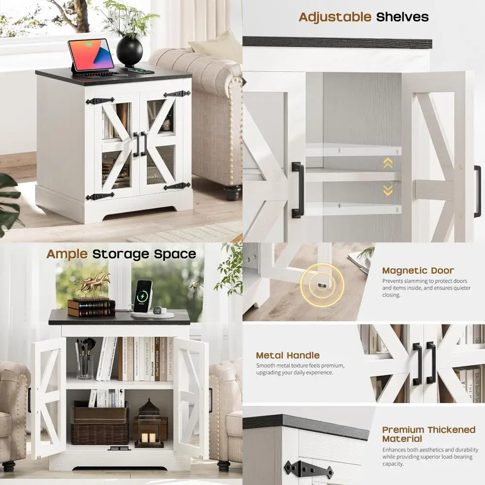 طاولة جانبية للتخزين الريفي، طاولة نهاية رف قابلة للتعديل، منضدة واسعة، منضدة خشبية مع محطة شحن #1