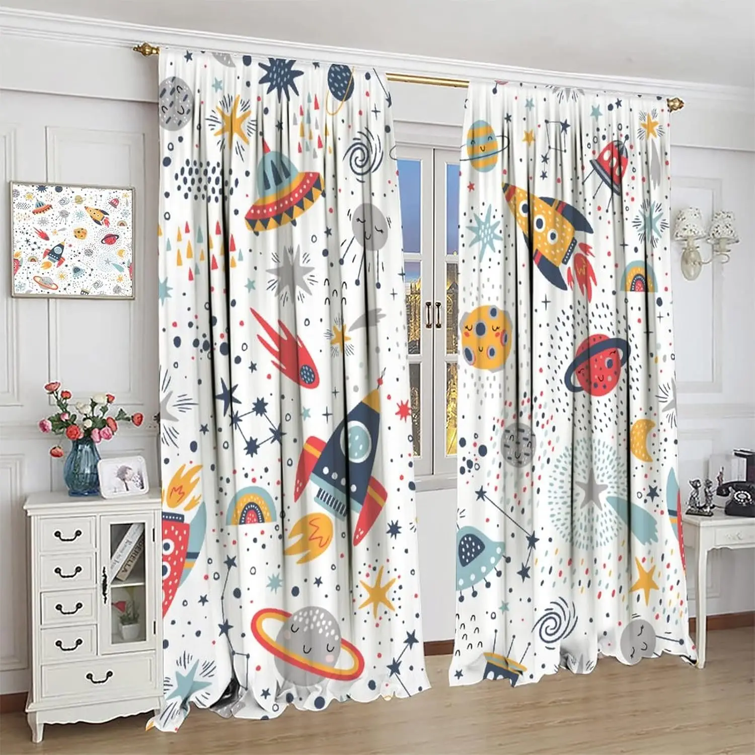 Kids Outer Space Rocket Curtains Cartoon Universe Galaxy Starry Sky Curtains Cosmos Curtains Boys Girls Study Room Bedroom