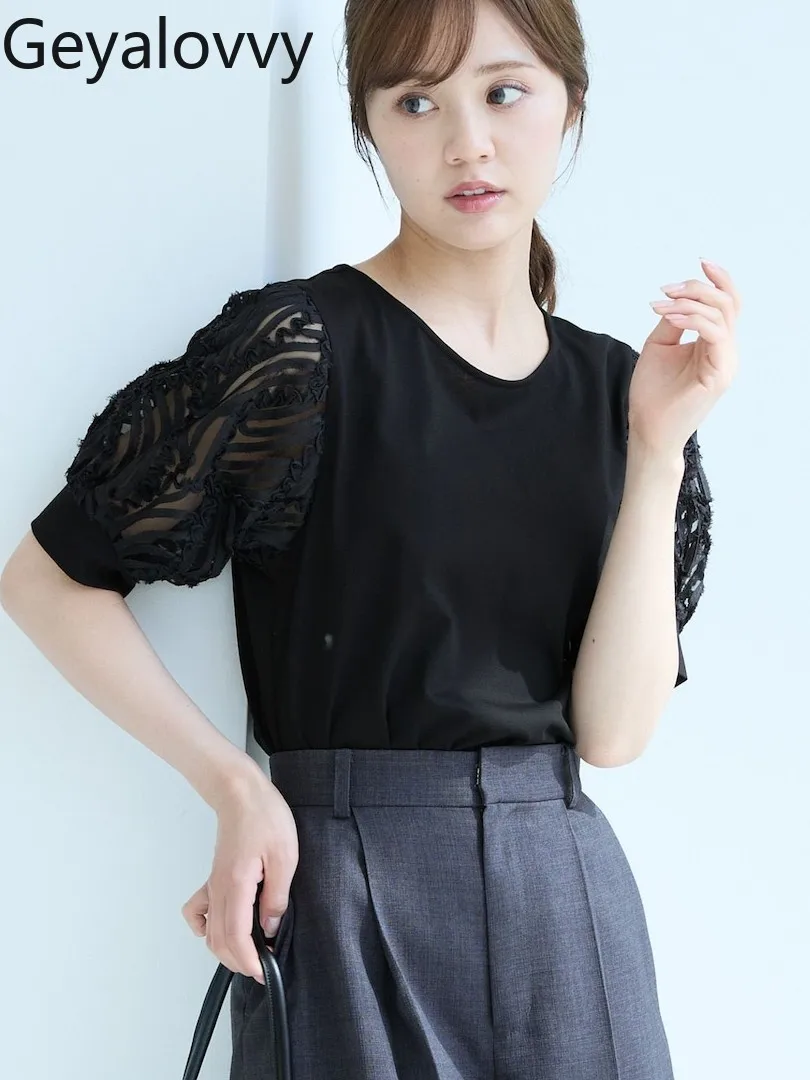 

Japanese Style 2025 Summer Top Women New Thin Versatile Splicing Lace Sleeve Crew Neck Tees Fashion Short Sleeve T-shirt