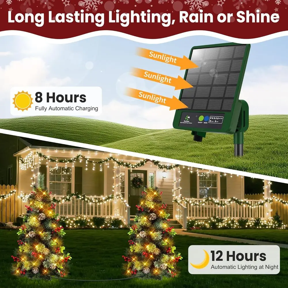 2-Pack 3FT Solar-Powered LED Christmas Trees with 220 Tips and 8 Lighting Modes for Outdoor Use