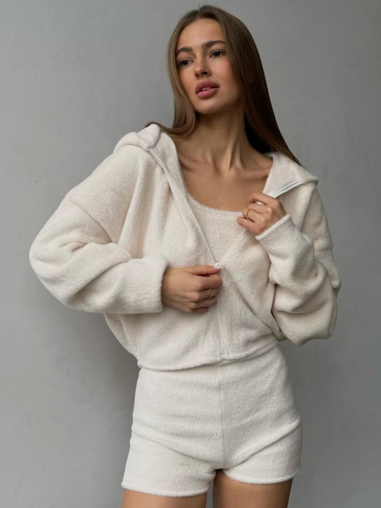 

Tossy Casual 3 Piece-Set Shorts Women Solid Plush Hooded Long Sleeve Coat Vest And High Waist Slim Shorts Sets Female Outfits