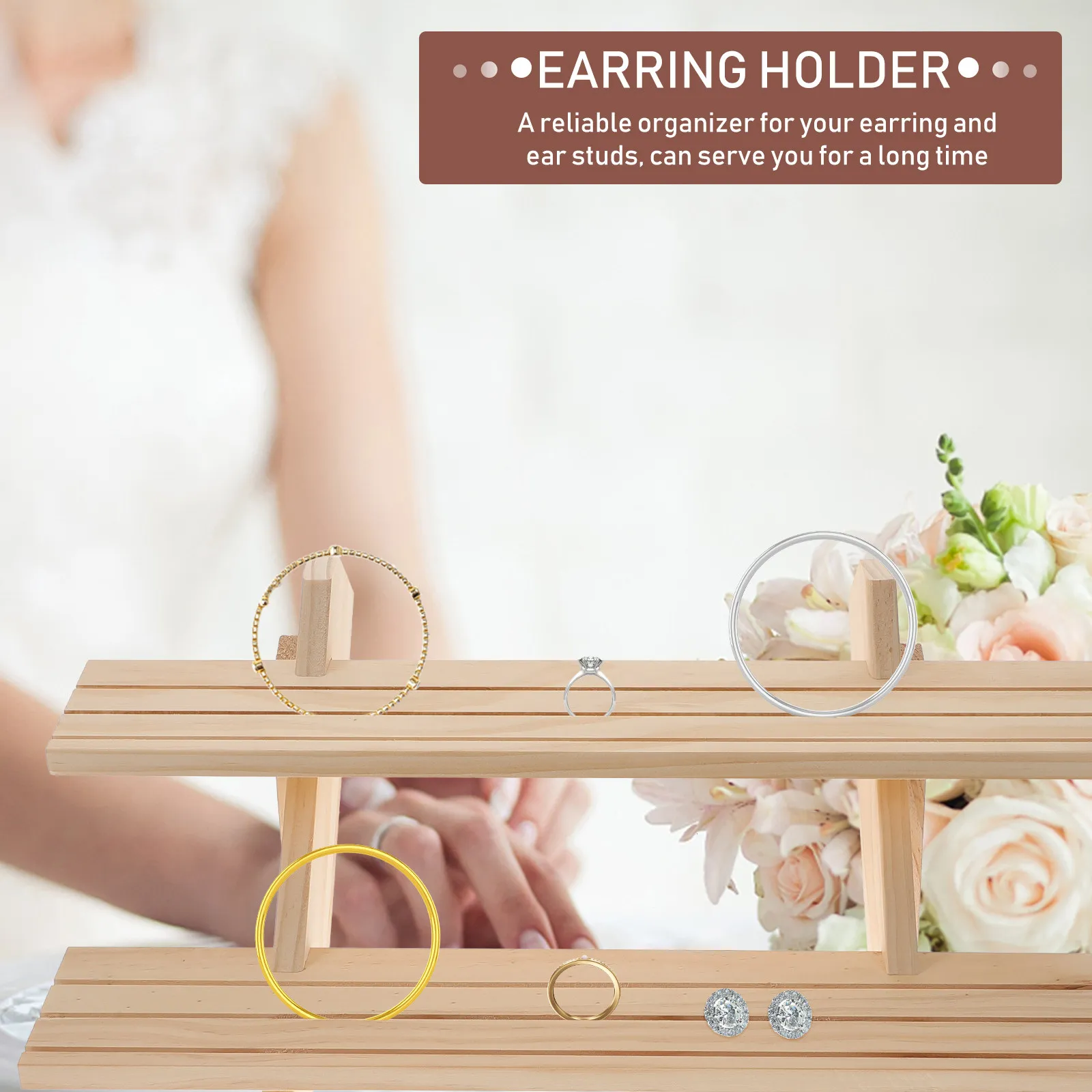 

Two Layered Wooden Jewelry Display Stand for Selling Multilayer Earring Organizer Holder for Rings Necklaces Bracelets