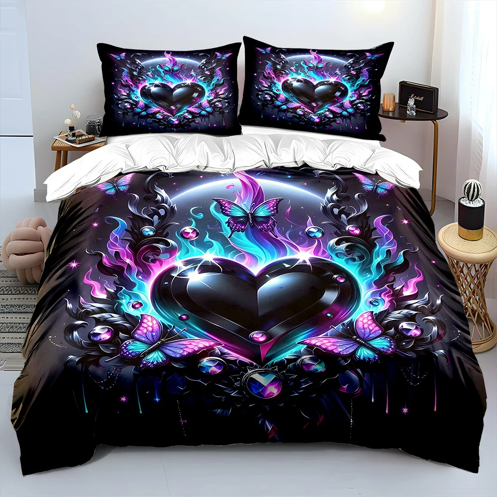 Colorful Heart and Butterfly Flames Print Bedding Set 1 Duvet Cover 2 Pillowcases for Adult and Children Luxury Gift Full Size