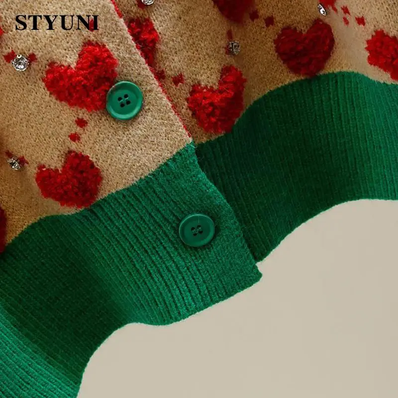 Heart Argyle Diamonds O-Neck High Street Kawaii Knitted Women\'s Sweaters Long Sleeve Buttons Short Jumpers Female Cardigans