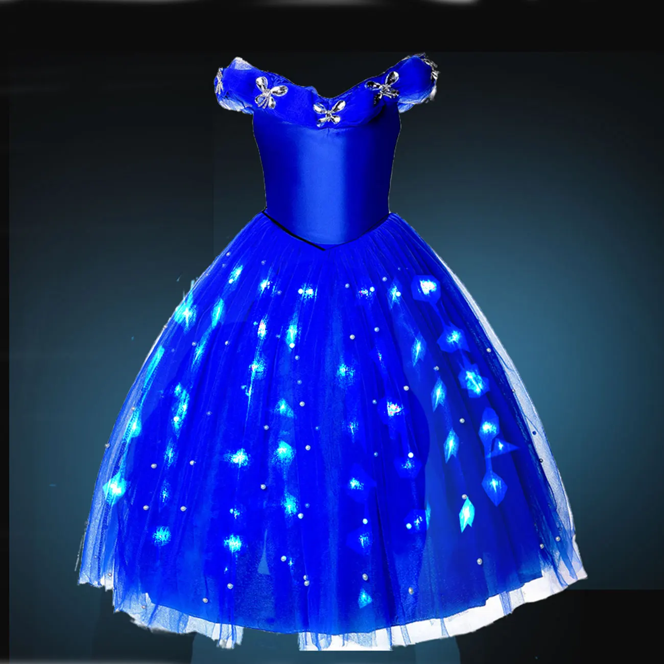 Disney Luxury Cinderella Dark Blue Puffy Lace Dress For Girl Princess Dress Floor Length Gowns Baby Dress LED Cosplay Outfits