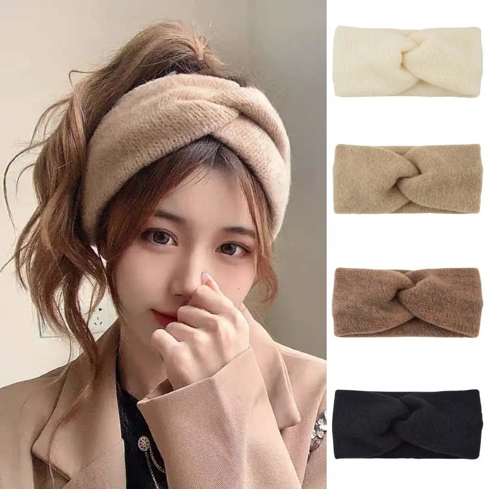 New Women Girls Solid Color Hair Bands Knitted Wool Headbands Vintage Cross Turban Bandage Ear Warmer Hairbands Hair Accessories