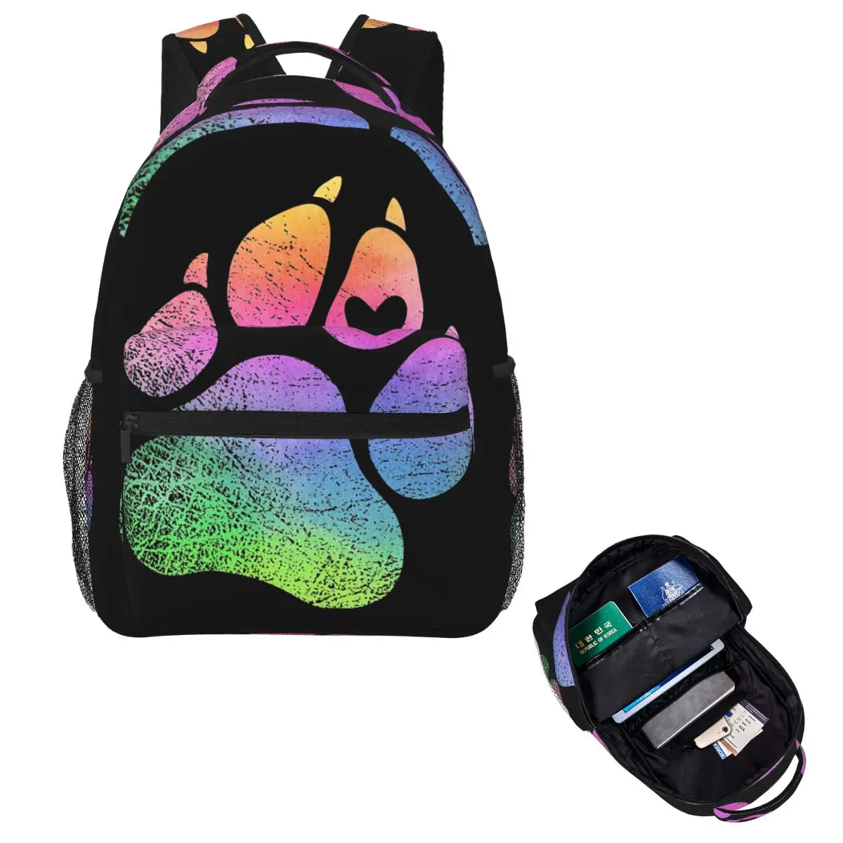 

Dog's Paw Print With A Heart Rainbow Watercolour Design For Animal Lovers Backpack School Bag Daypack Bookbag Shoulder Bags