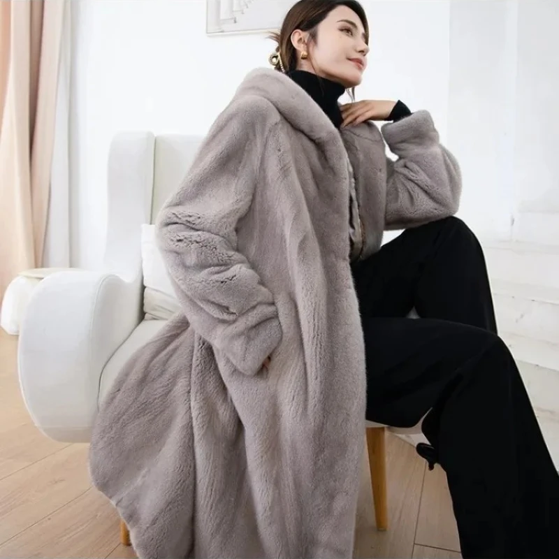 Female Loose Hooded Over The Knee Medium Long Plush Environmentally Friendly Fur Coat  Autumn Winter Imitation Rabbit Fur Coat