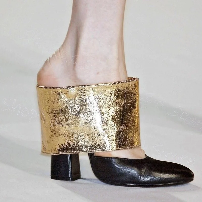 

Gold Turned Over Black Pointed Toe Slippers Slip On Women Shoes Chunky High Heels Fashion Party Runway 2025 Zapatos Para Mujere