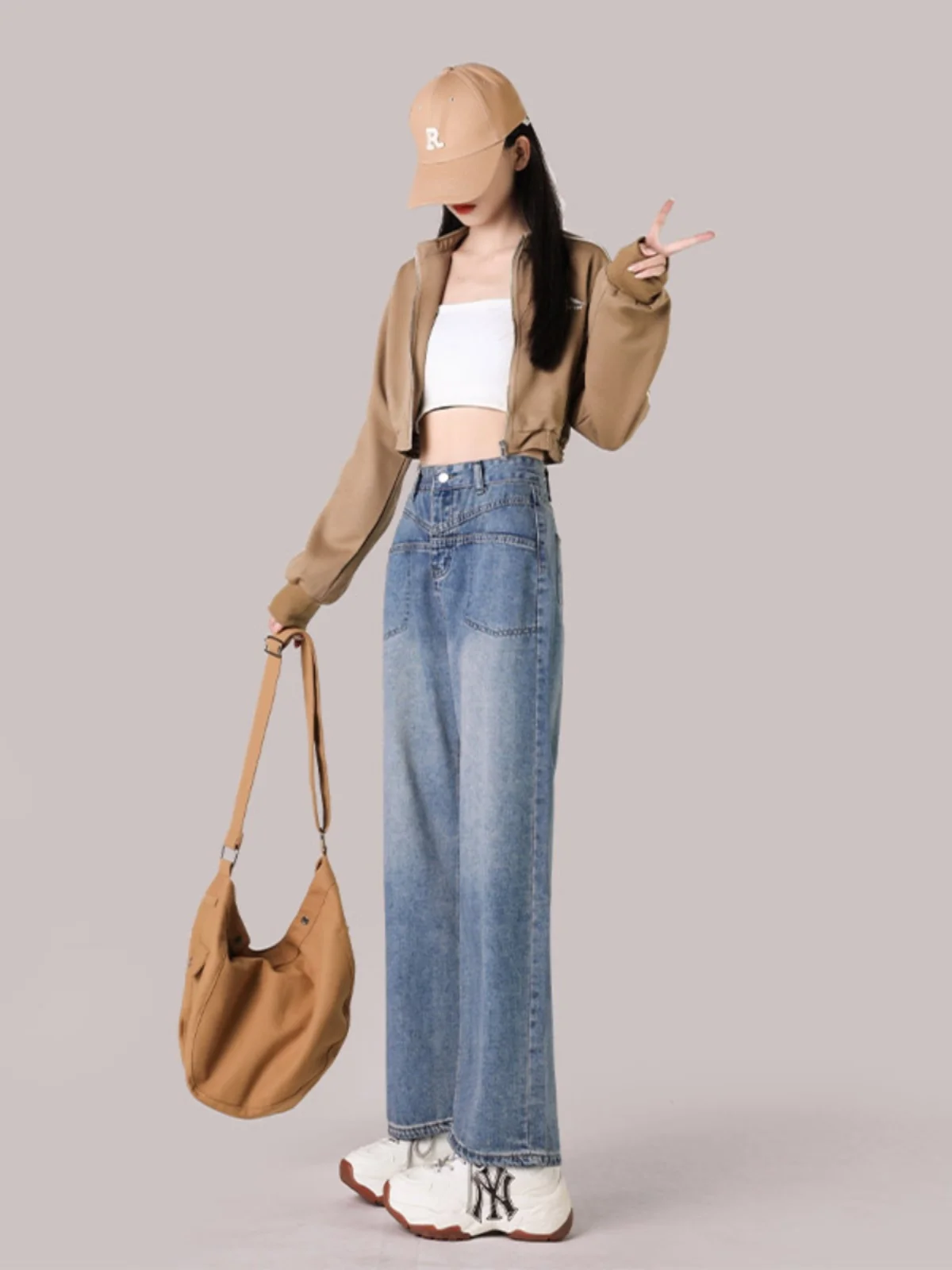 150CM Petite girls vintage blue Wide Leg pants comfortable Y2K Skinny Ankle length straight jeans