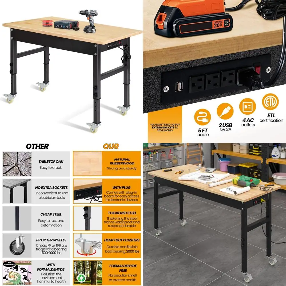 Banco de trabajo ajustable de alta resistencia con tapa de madera de caucho, toma de corriente, ruedas, capacidad de 2000 libras, mesa de trabajo de resistencia industrial