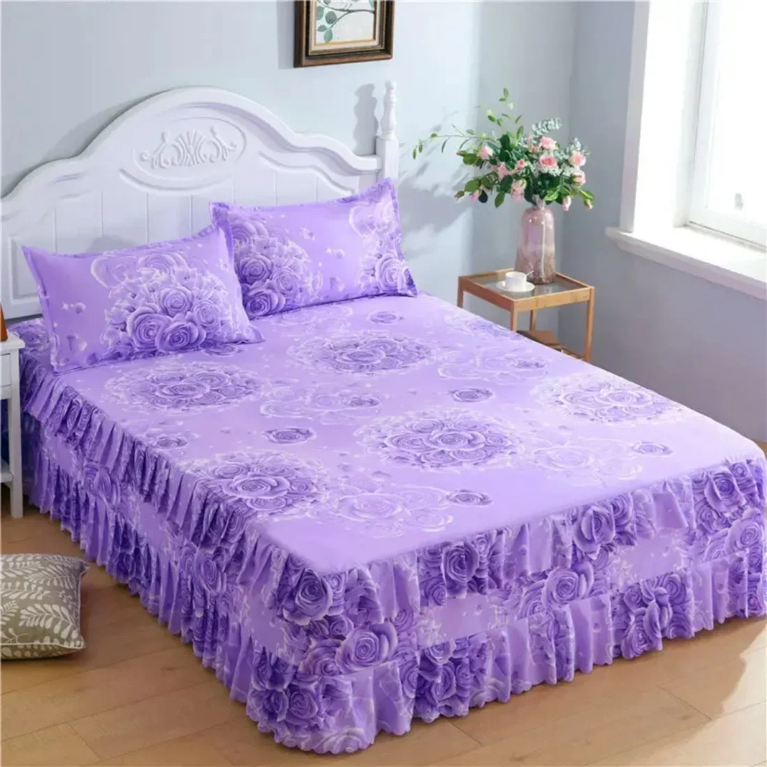 3PCS Bed Skirt Cotton Bedspread Set Embroidery Bed Dress Pillow Cases 3 Pieces/Set For King/Queen Double 1.5/1.8/2M Sheet Cover