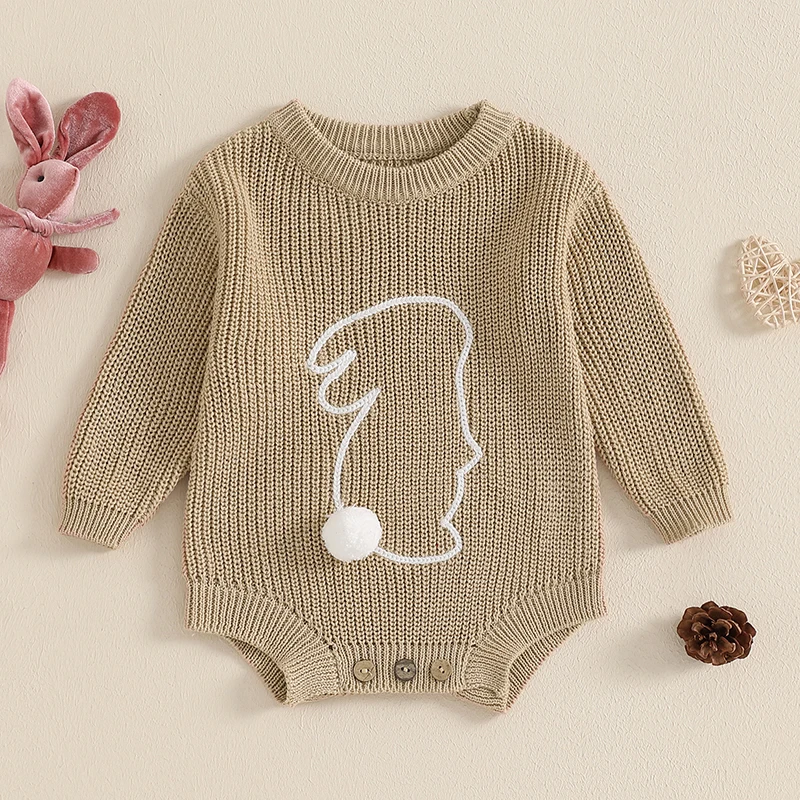 Newborn Kids Baby Girls Boys Clothes Baby Easter Romper Spring Long Sleeve Bunny Embroidery Knit Bodysuit Newborn Playsuit