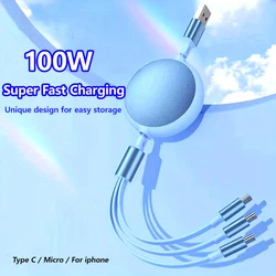 100W 3 In 1 Retractable Fast Charging Cable Multiple USB Cord For Samsung Xiaomi 13 USB C Micro Phone Charger Cord For IPhone 14