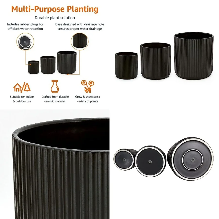 

Fluted Ceramic Round Planters with Drainage Hole, Indoor Outdoor Flower Pots, Assorted Sizes 6, 8, ch, Set of 3