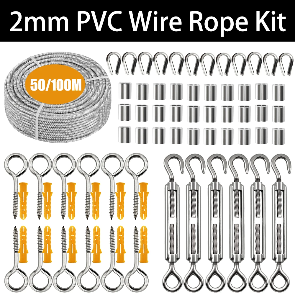 

50/100M 2mm PVC 304 Stainless Steel Wire Rope Kit Heavy Duty Cable Kit for Clothesline Sunshade Garden Railing Outdoor Tent Etc
