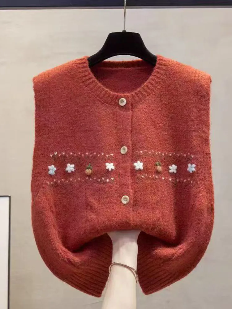 Retro Embroidered Flower round Ne Knitted Vest Women's Svel Open Cardigan New Sle High Faion Layered Top
