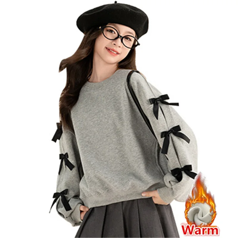 Fashion Princess Girl Thicken Thermal Sweatshirt with Bows For Child Casual Winter Clothes Teenage Kids Warm Insulate Sweatshirt