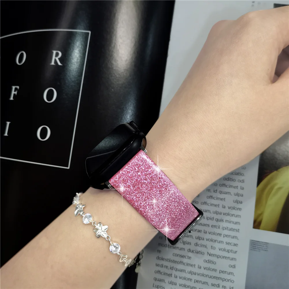 Glitter leather strap For Apple Watch Band 44mm 40mm Ultra 49mm 41mm 42-38-45mm loop Shiny bracelet iWatch Series 7 8 6 5 4 3 SE image 6