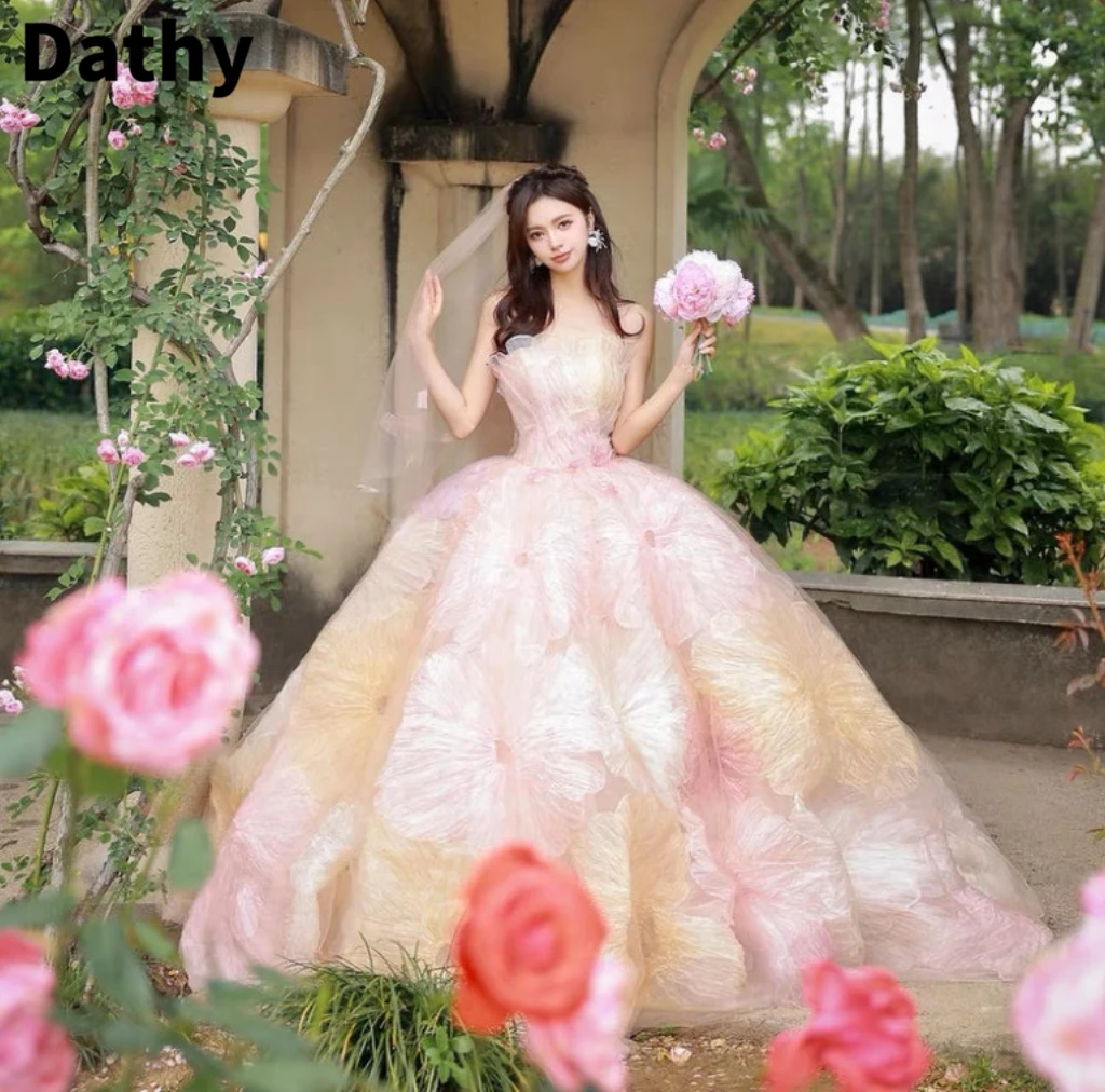 Colorful Flower Print Strapless Wedding Dress Pink Sweeping A-line Party Prom Dress Formal Luxury  فساتين السهرة