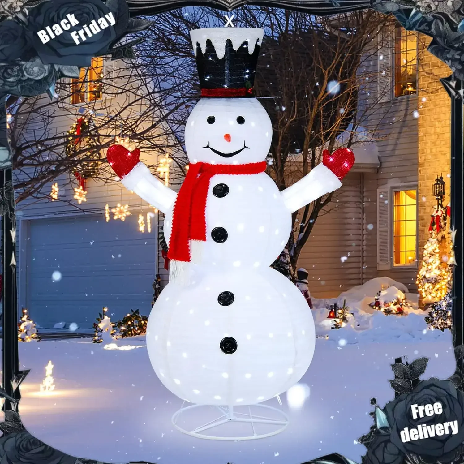 6 FT Lighted Christmas Snowman, Outdoor Pop-up Snowman Figure w/200 Lights, Red Scarf, Black Hat, Ground Stakes, Zip Ties