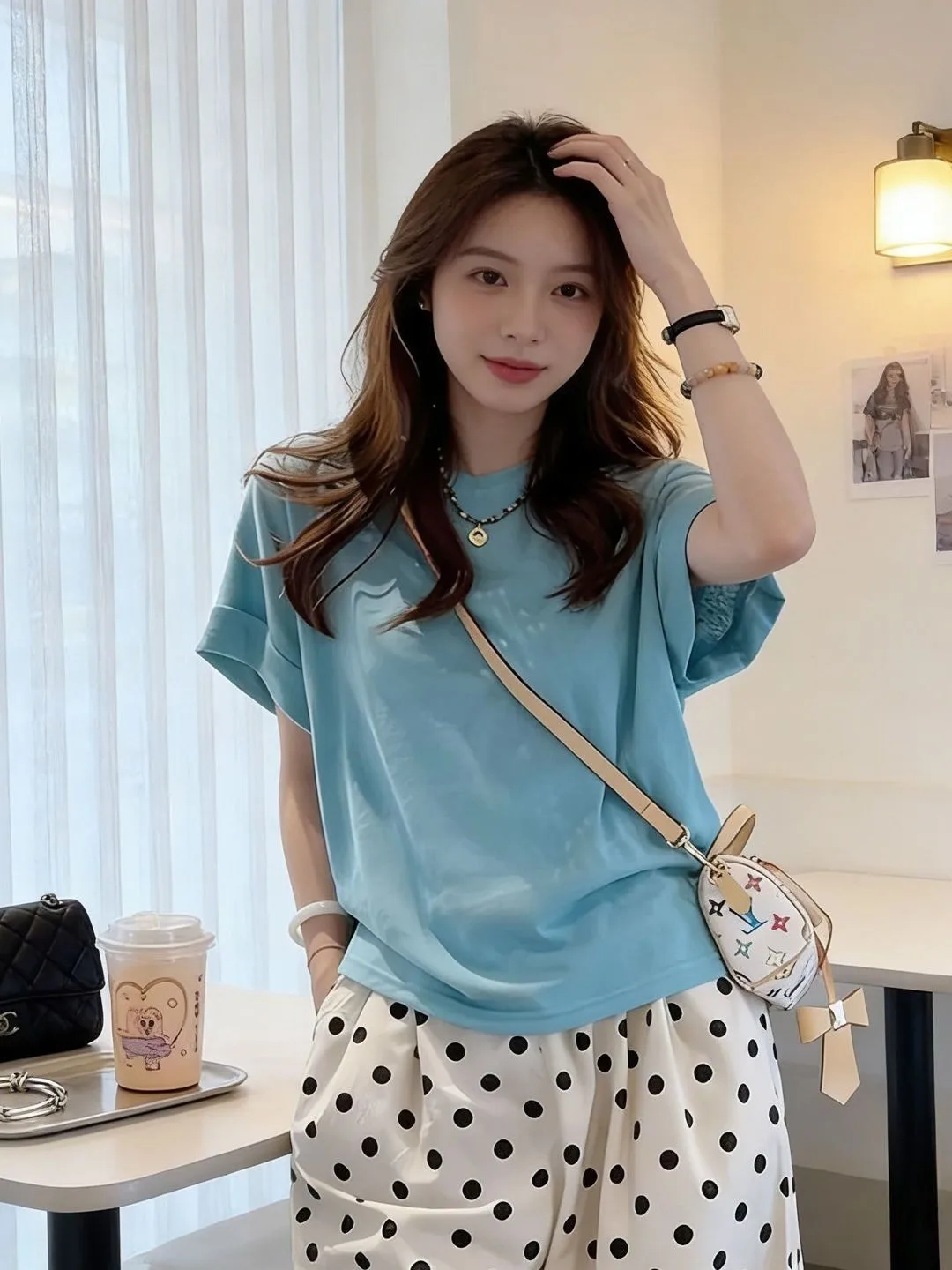 Summer Lake Blue Loose Short Sleeve round Neck Women's T-shirt Durable Comfortable Breathable Versatile Basic Style for Young...