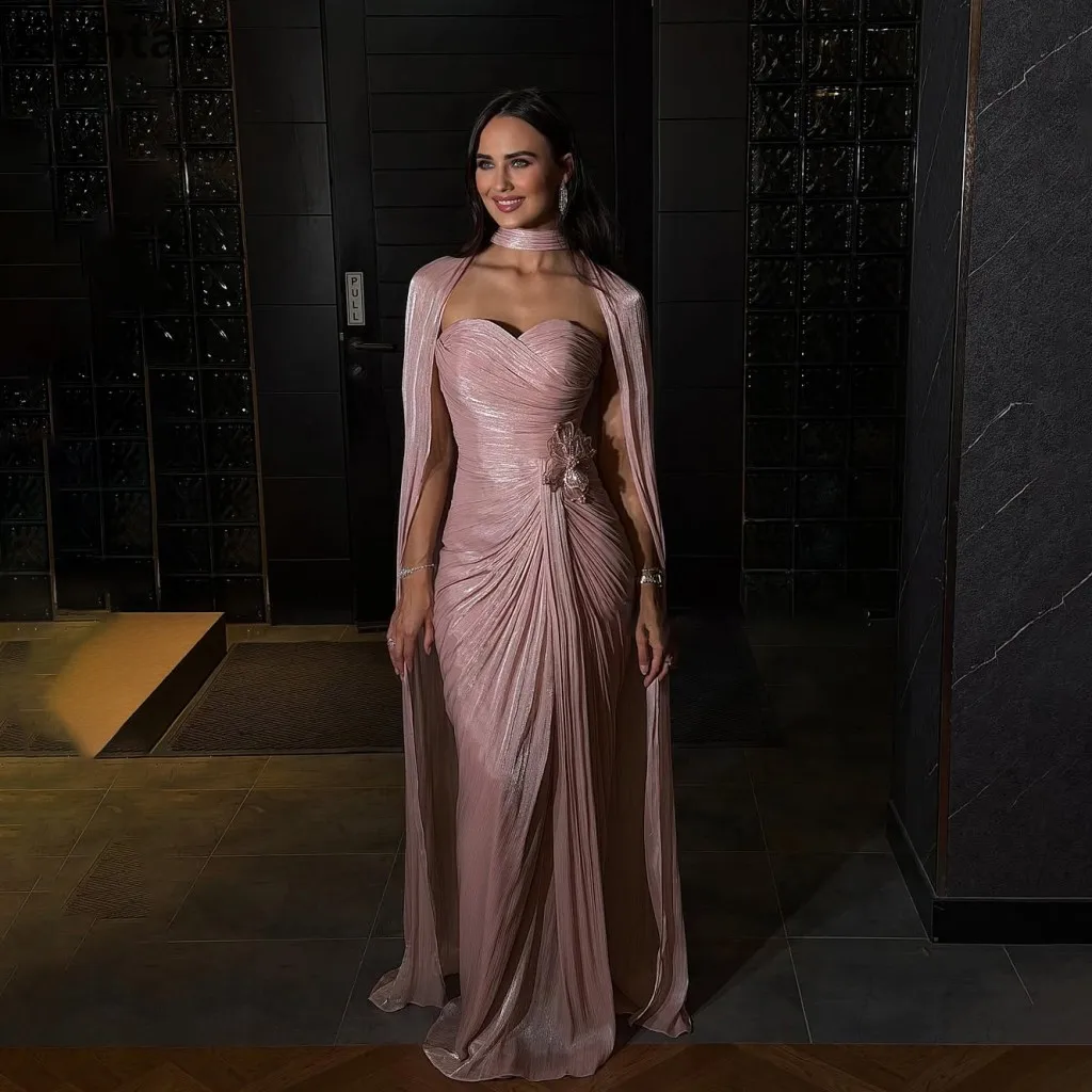 Eightale 2025 Abito da sera maxi in seta a sirena rosa con mantello Abito da ballo formale Abito da cerimonia nuziale Dubai personalizzato