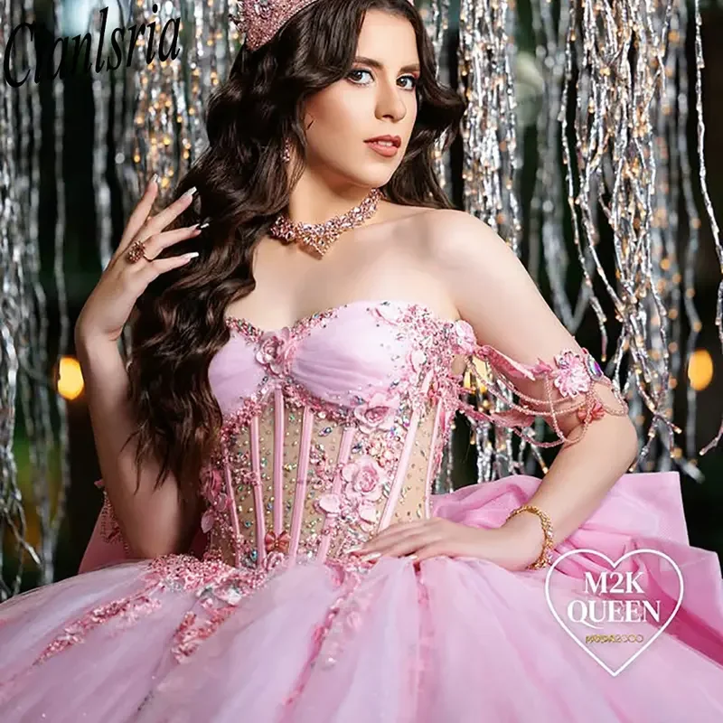الوردي كريستال الديكور شرابة القوس فساتين Quinceanera الكرة ثوب قبالة الكتف يزين الدانتيل الحلو 15 Años المكسيكي مخصص