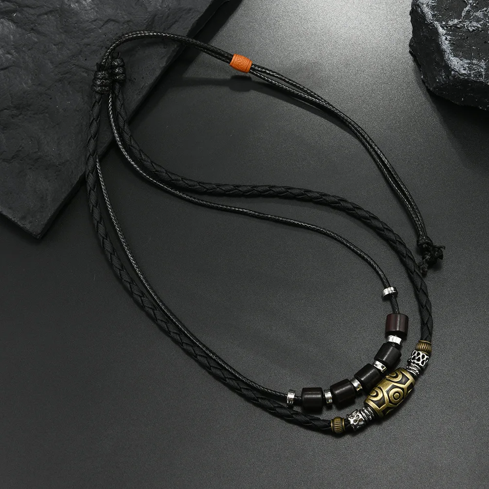 European and American cross-border punk style retro personality necklace trendy men woven wax rope antique pendant collarbone ch