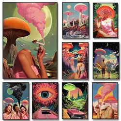 Retro Woman Smoke Surreal Mushroom Psychedelic Poster Wall Art Vintage Canvas Painting Print Pictures Living Room Home Decor