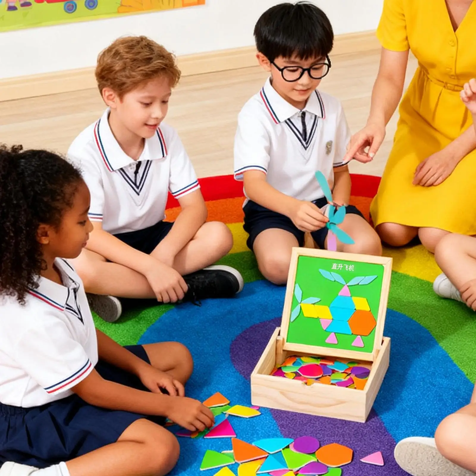 Magnetyczny Tangram Drewniany Puzzle Edukacyjny STEM Zabawka Geometryczna dla Maluchów Przedszkolaków Dzieci Chłopców Dziewcząt Uczniów