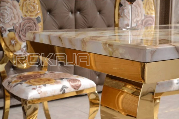 Luxury Design Marble Top Dining Table Set Gold Plated Stainless Steel Legs Dining Room Tables 6 Seaters Leather Chairs