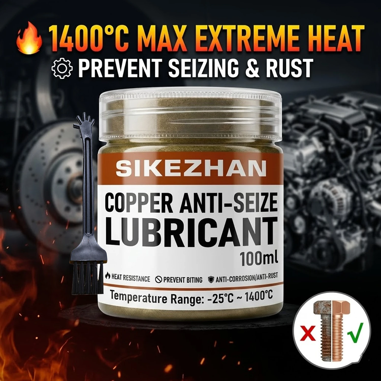 Grasa Antiadherente de Cobre de 100ml, Pasta Lubricante de Alta Temperatura 1400C para Frenos de Coche, Bujías, Tornillos de Escape y Roscas Antioxidantes