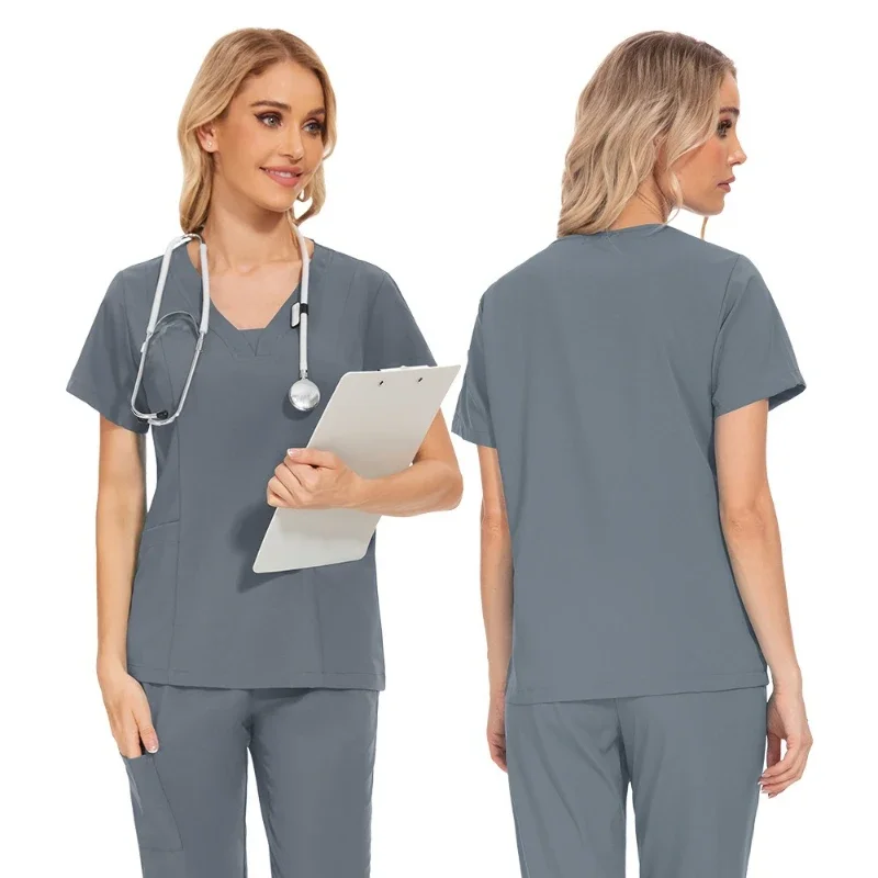 unisex-quick-dry-scrubs-set-v-neck-solid-color-short-sleeve-top-long-pants-professional-medical-work-wear-for-hospital-clinic