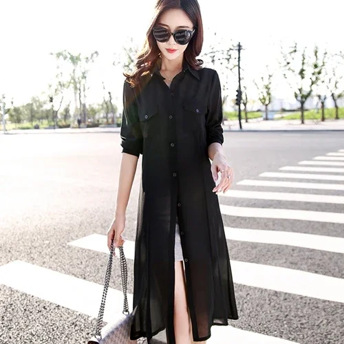 Black White Red Green Long Cardigan Female Long Sleeve Summer Cardigan Casual Shirt Women Z687