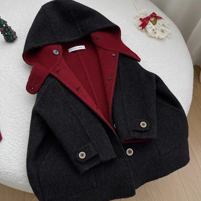 

Autumn/Winter Girls' Woolen Coat New Children's Black Double sided Woolen Coat Children's Hooded Thickened Coat
