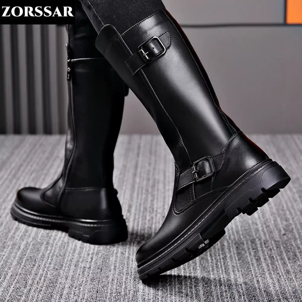 New Men\'s high boots Pu leather Equestrian Boots Winter Warm fur Male Knee-high Motorcycle boots shoes