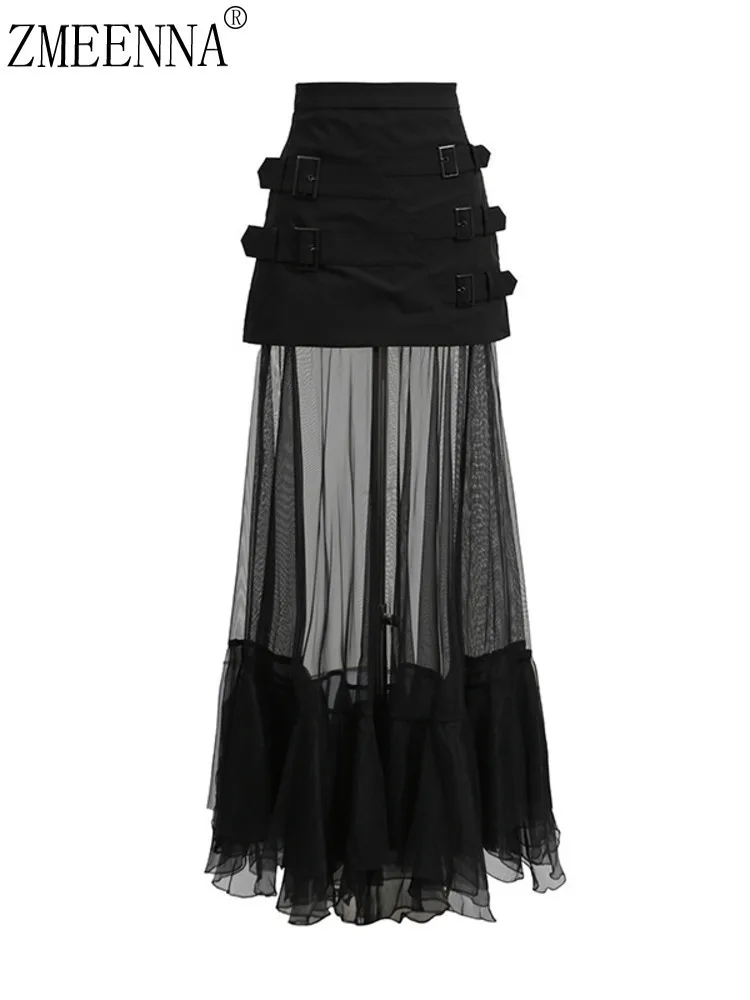 

ZMEENNA Womens Black Mesh Long Skirt With Buckle Details High Waist Punk Style Sheer Tulle Tiered Ruffle A Line ZM3216