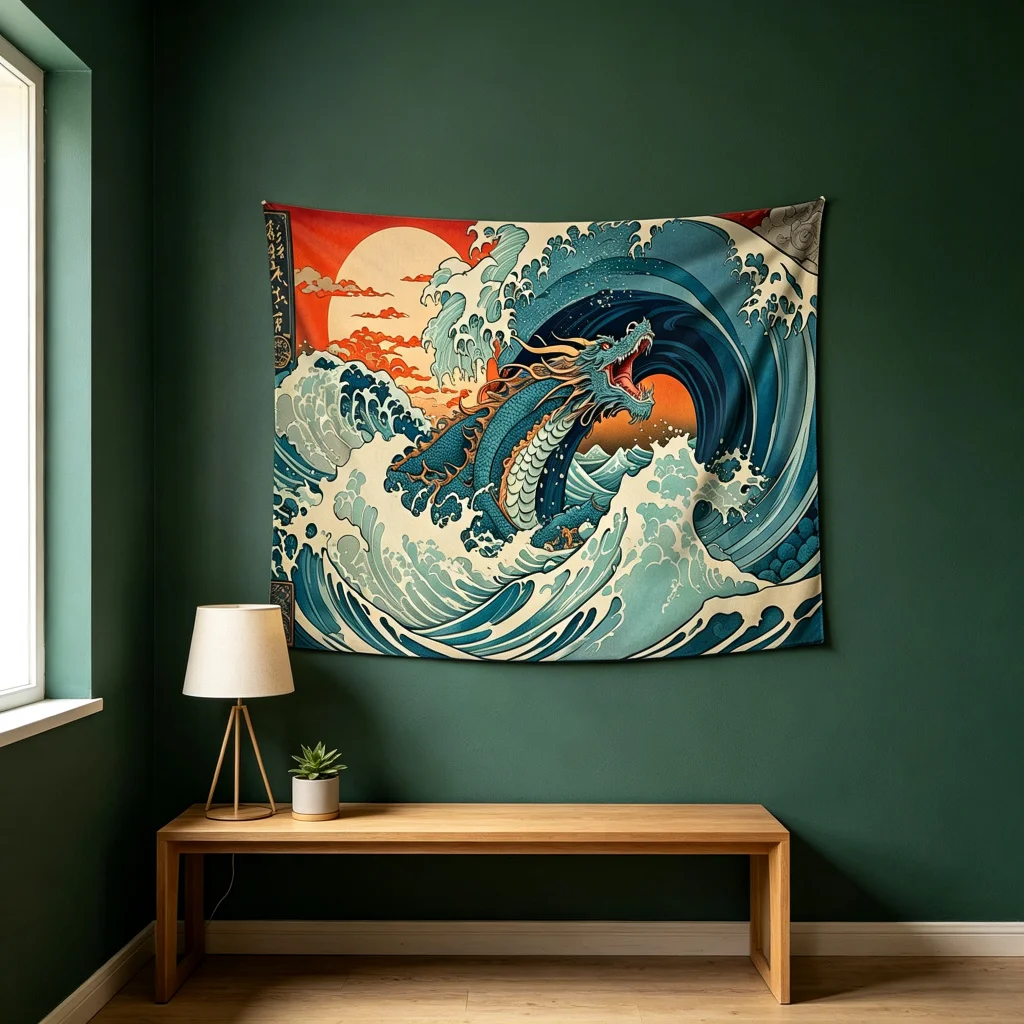1PC Dragon Waves Print Backdrop Banner, Bedroom Living Room Photo Background, Polyester Wall Hanging, Home Decor, Wall Art