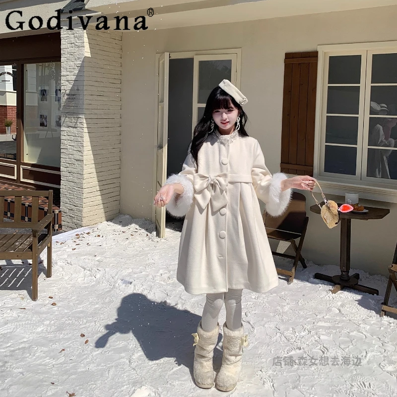 

Sweet Girl Original New White Wool Coats Autumn Winter Warm Cute Lolita Wool Jacket Women's Japanese Style Bow Overcoat