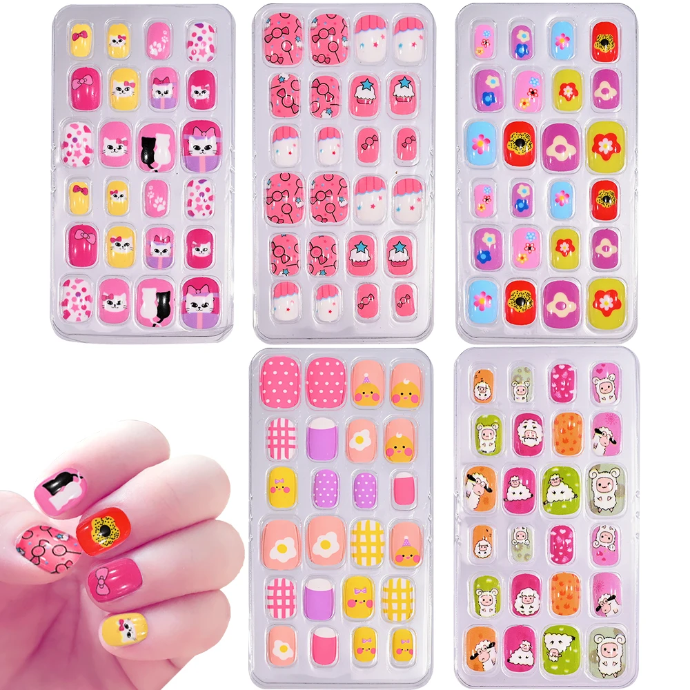 120pcs/Set Cartoon Design Children Fake Nails Art Girl Convenient Wearable Stick On False Nails Tips Cute Press On Nail Strips