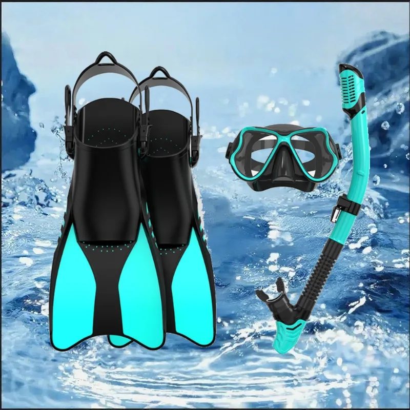 

Diving Mask Fin Snorkel Set for Adults Skirt Panoramic View Anti-Fog Mask Diving Breathing Tube Adjustable Swimming Fins Suit