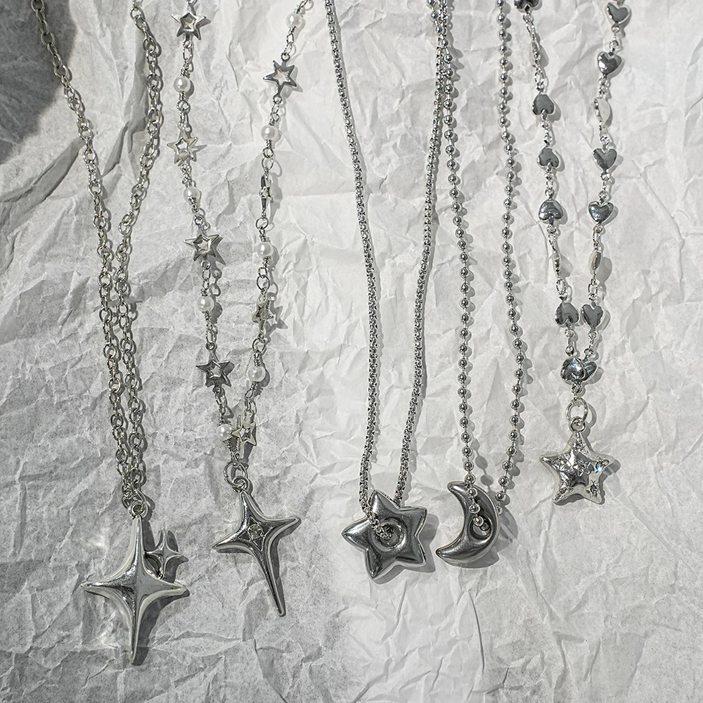 Y2K Mangxing Mond Anhänger Halskette Set, personalisierte eingelegte Wasser Diamant Stern Liebe Schlangenknochen Kette Halskette, geeignet für Frauen – Detail 1