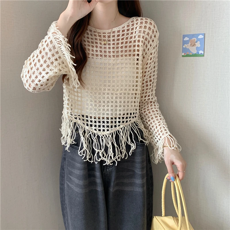 Boring Honey Retro Tassels Fashion Women Blouses Long Sleeves O-Neck Camis Tops Hollow Out Solid Colors Women's T-Shirt