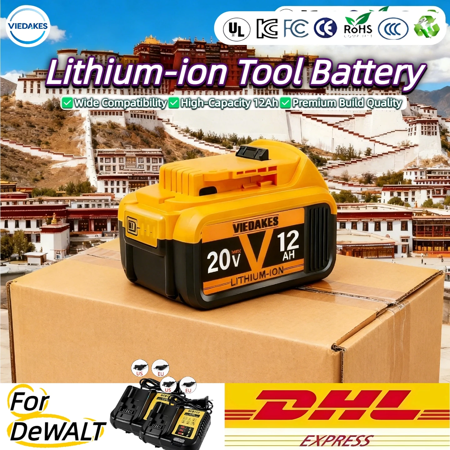 

12Ah 20V Battery Compatible for DeWalt - Rechargeable for DCD794 DCF885 DCS393 & All for DeWalt 20V Cordless Power Tools