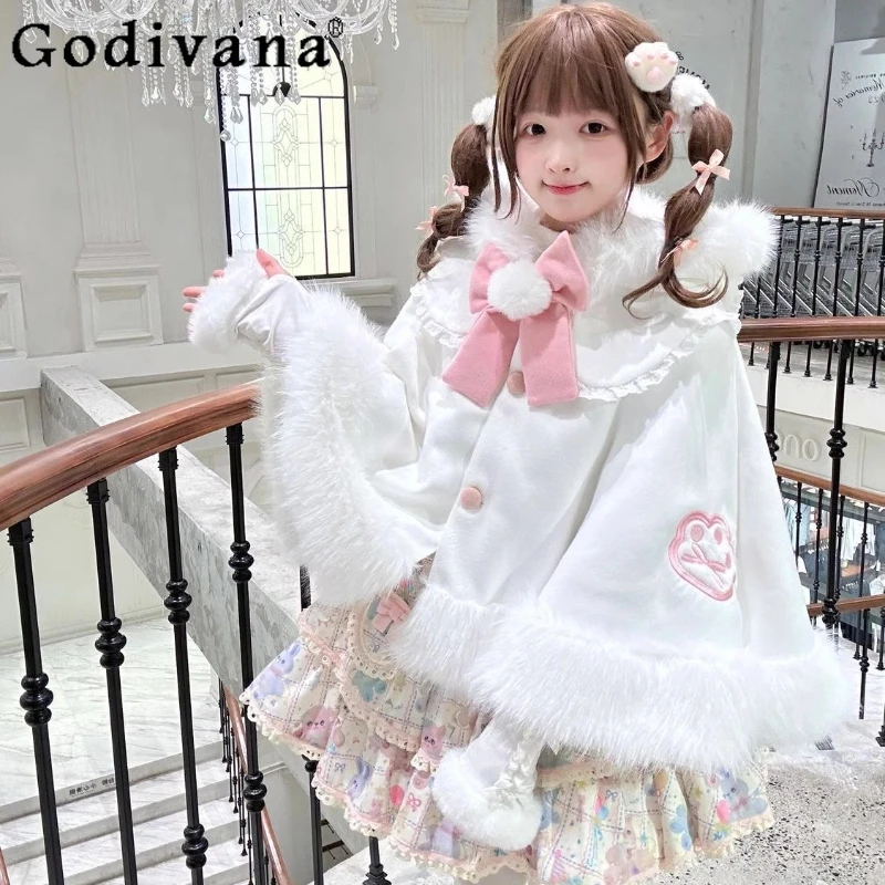 

2025 Japanese Soft Girls Lolita White Soft Hooded Cloak Winter Girl's Sweet Bowknot Plush Warm Short Jacket Y2K Capes Ponchos
