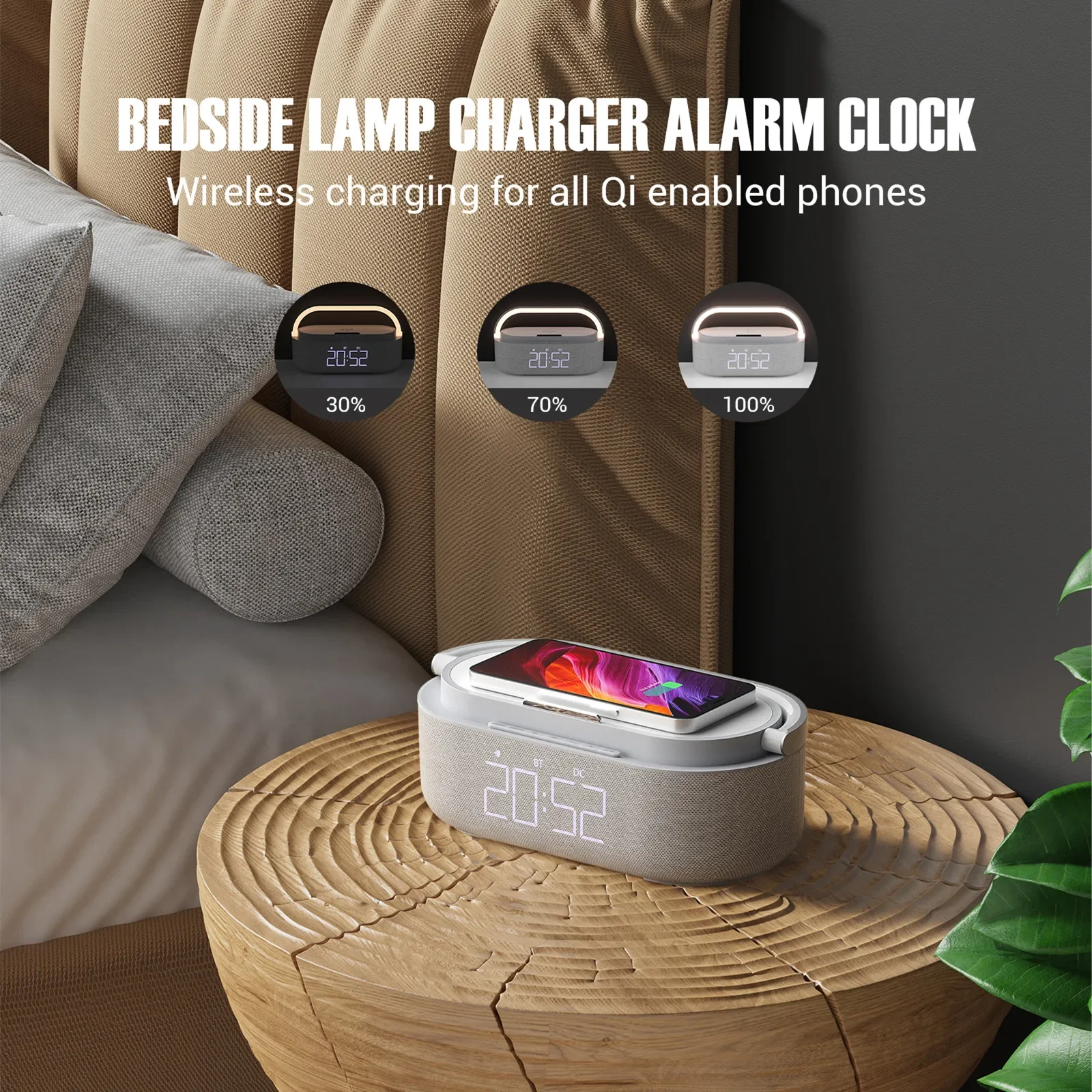 S29 Bluetooth Speaker Portable Digital FM Alarm Clock Radio Wireless Charger 15W Touch Night Light Dual Home Bedside Subwoofer