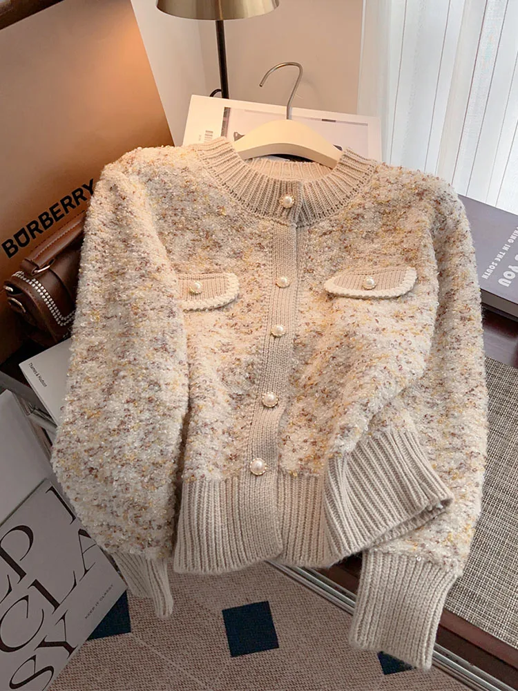 Formal Occasion Cashmere Sweater Women O-Neck Pullover Luxury Pearl Single Breasted Warm Knitwear Jumper Casual 2000s Aesthetic