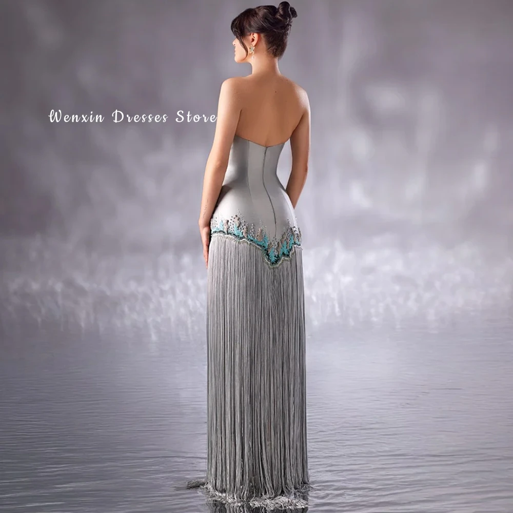 Silver Satin and Tassel Evening Dress Customized Strapless Sleeveless Celebrity Gowns Luxury Pearls Formal Occasion Gowns image 2