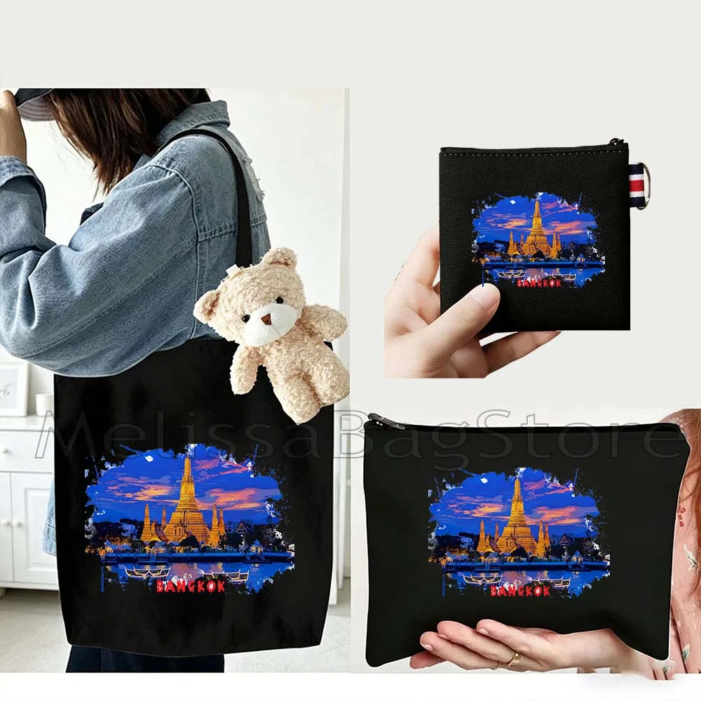 4PCS Gifts Set Bangkok Thailand Black Canvas Tote Bag Handbag with Doll Key Coin Purse Cosmetic Makeup Toilet Bag Case Pouch